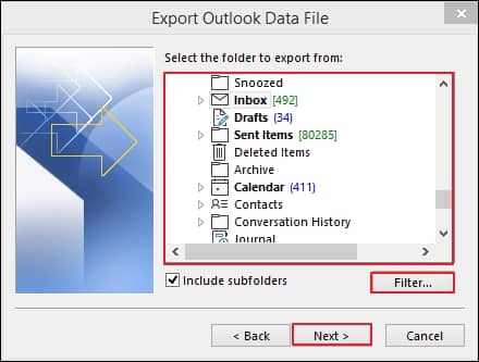 Select the folder to export from along with the given filters