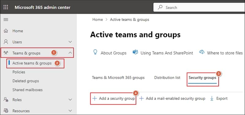 Click on Admin to access the Microsoft 365 admin center Then expand Teams and groups and access Active teams and groups Go to the Security groups tab and click on Add a security group option