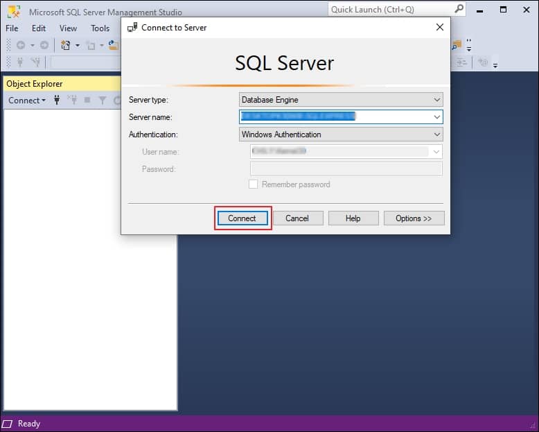 Launch the SQL Server Management Studio application in your system and connect it to the server