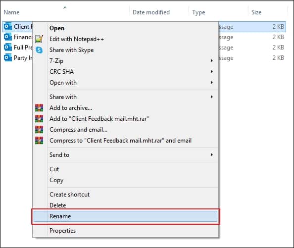Select an individual EML file right click on it and proceed to the Rename option