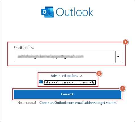 Enter your Email address then check the Let me set up my Account manually option under Advanced options and click Connect