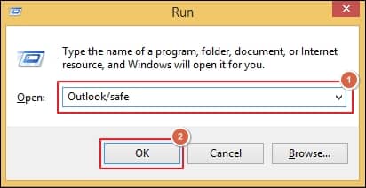 Press Windows plus R keys and enter Outlook safe to open Outlook in Safe Mode