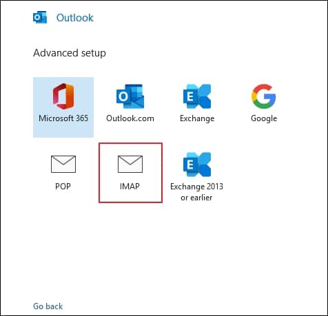 Select IMAP option under the Advanced setup wizard