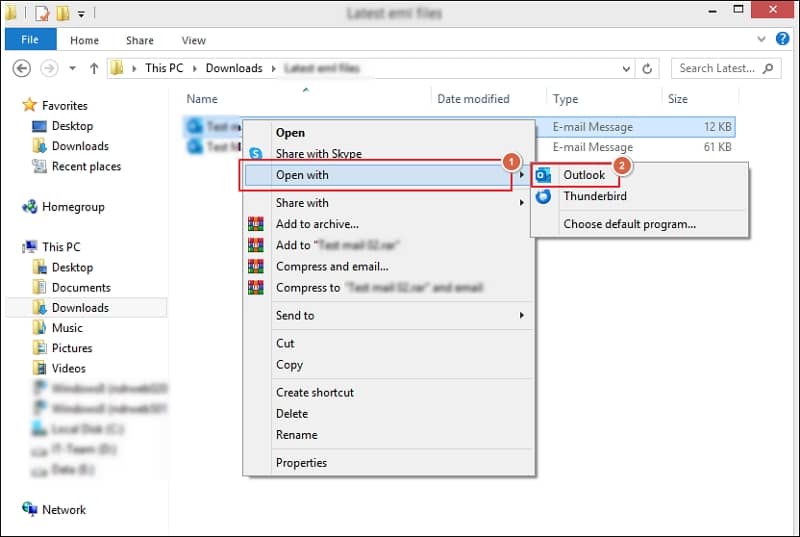 Access the location where your EML files are stored. Select the EML files that you want to access and right click on them