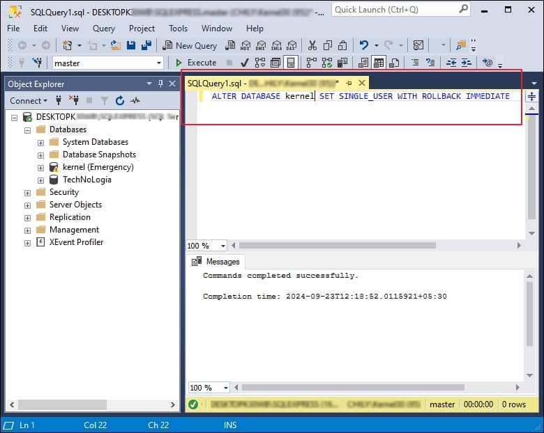 Run the following command to change the database mode to Single User Mode and roll back the previous transaction