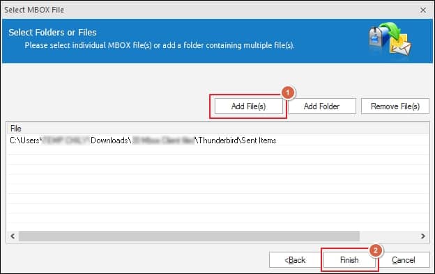Click on Add File option to select the MBOX files then tap Finish