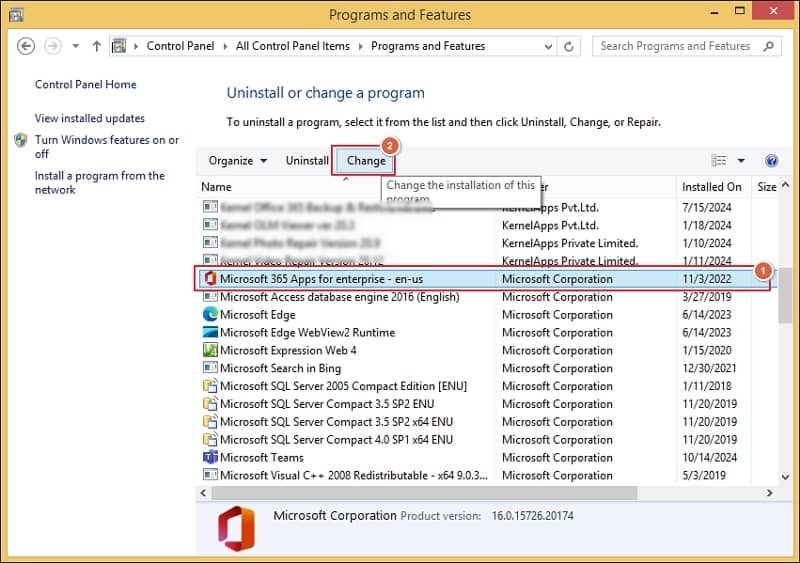 Select Microsoft 365  from the installed programs and click on the Change option