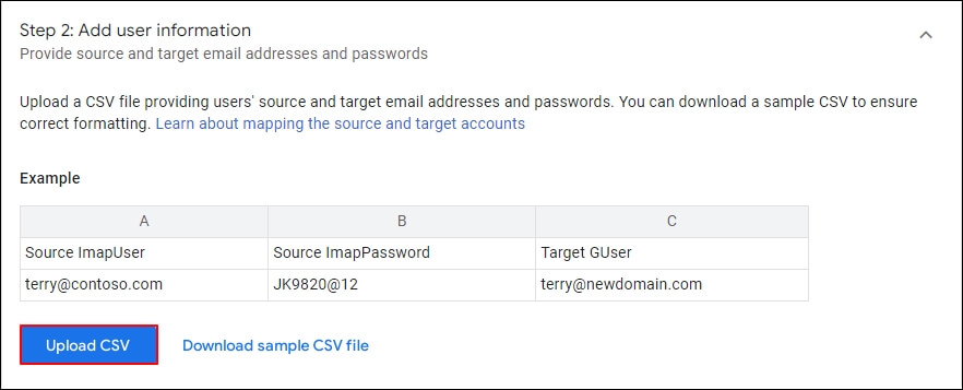 add user information using the CSV file format 