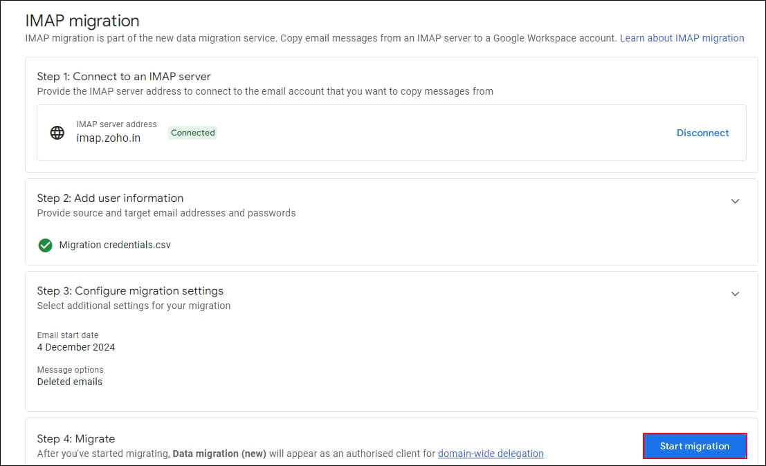 Start Zoho mail to Gmail Migration