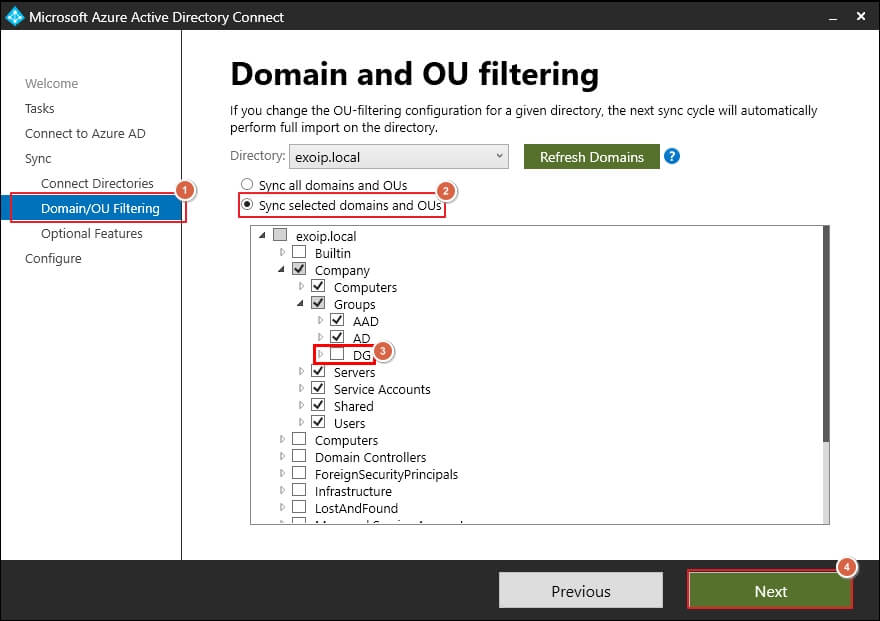 click on Sync selected domains and OUs