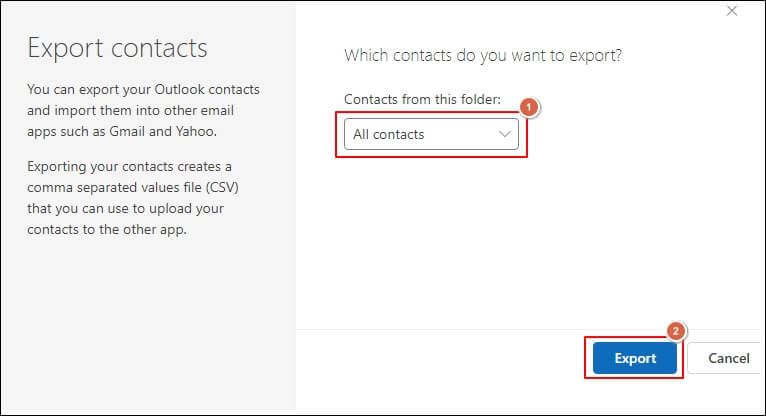 Select Export option to export Outlook contacts