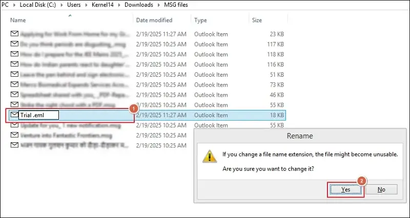 Renamed MSG files into EML