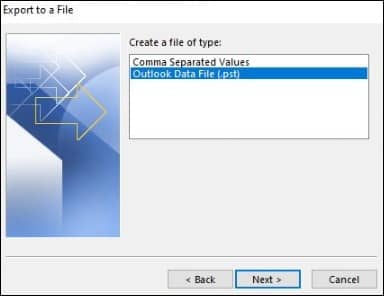 select outlook data file