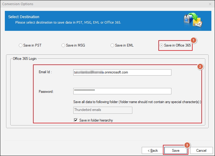 Save in Office 365 to complete Thunderbird to Office 365 migration