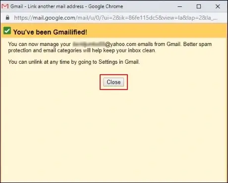 Add Yahoo email address to Gmail process complete