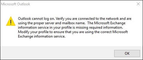 outlook cannot log on