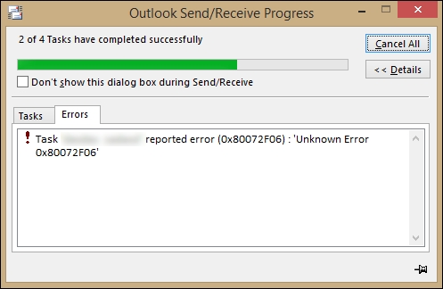 outlook error code 0x80072f206