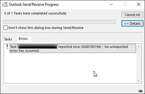 outlook error code 0x80190194