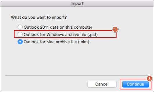 Select the Outlook for Windows archive file