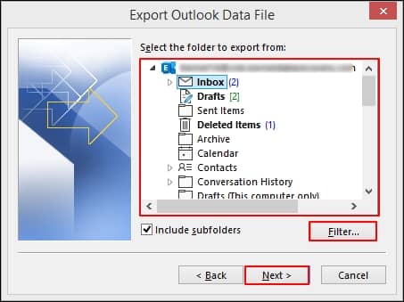 Select the Outlook folder you wish to export and proceed to Next