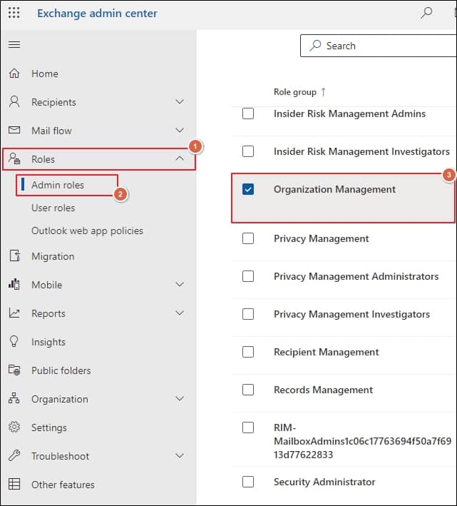 select Admin roles and click on Organization Management to proceed