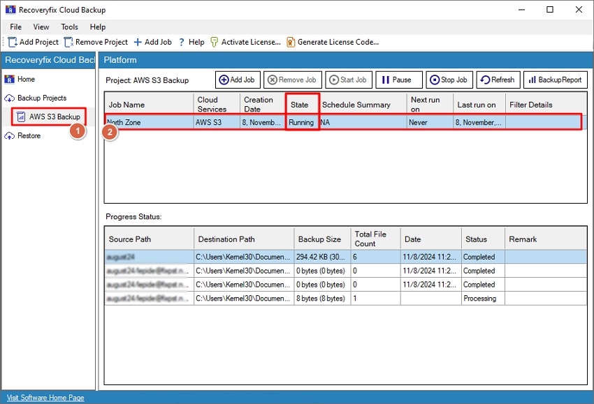 real-time progress of the data backup