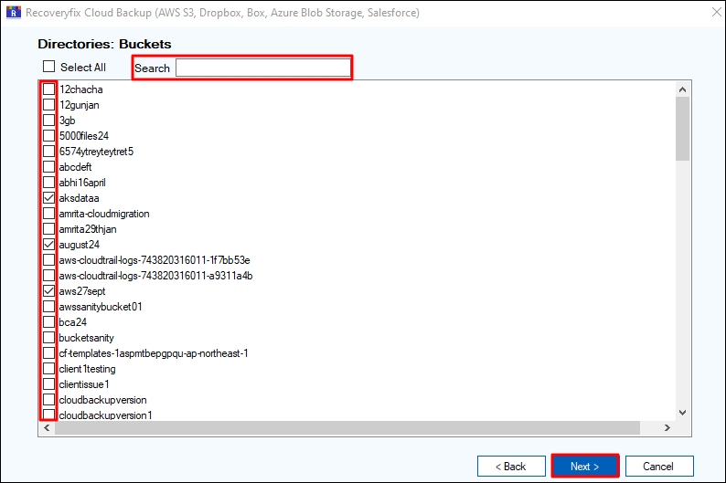 Choose the buckets for backup and click Next