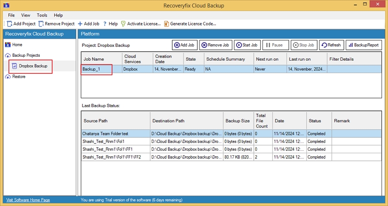 progress of the backup job in real time