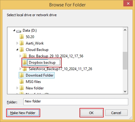 save the backup file to an existing folder