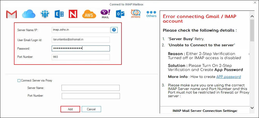 Enter Server Name, User Email, Password, & Port Number