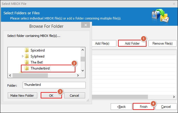 choose MBOX file through the Add File(s) or Add Folder(s) options then click on the Finish option.