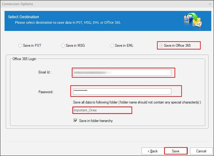 save the MBOX file in Office 365