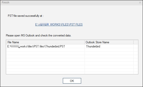 PST file saved successfully at your specified location