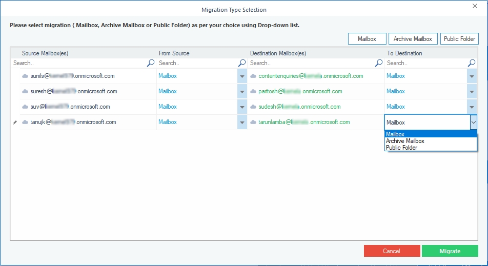 Select the migration type among Mailbox, Archive Mailbox, and Public folder