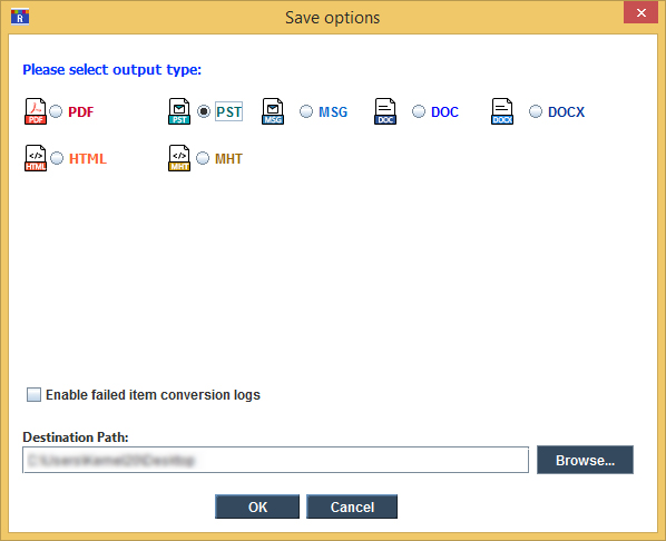 Choose the desired output type as PST file