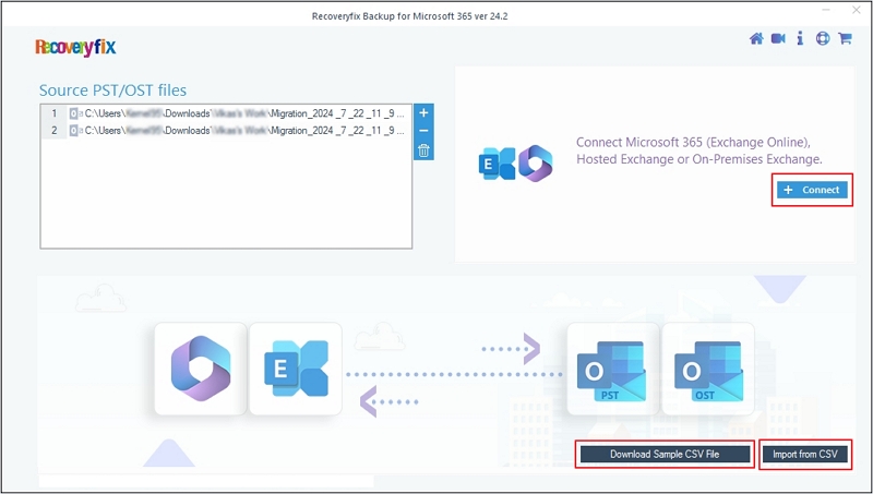 Click on + Connect button to add Exchange account as destination account