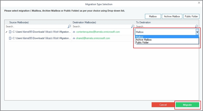 Select Mailbox from the drop-down, then click Migrate button 