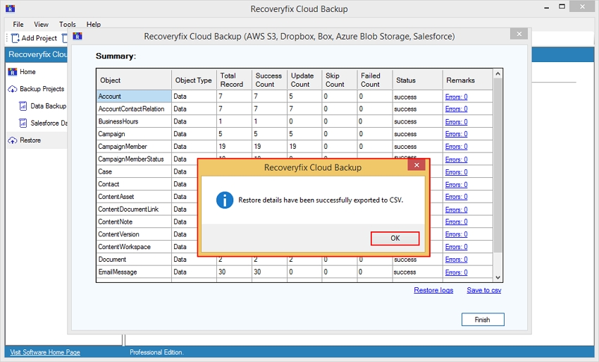 Restore details have been successfully exported to CSV