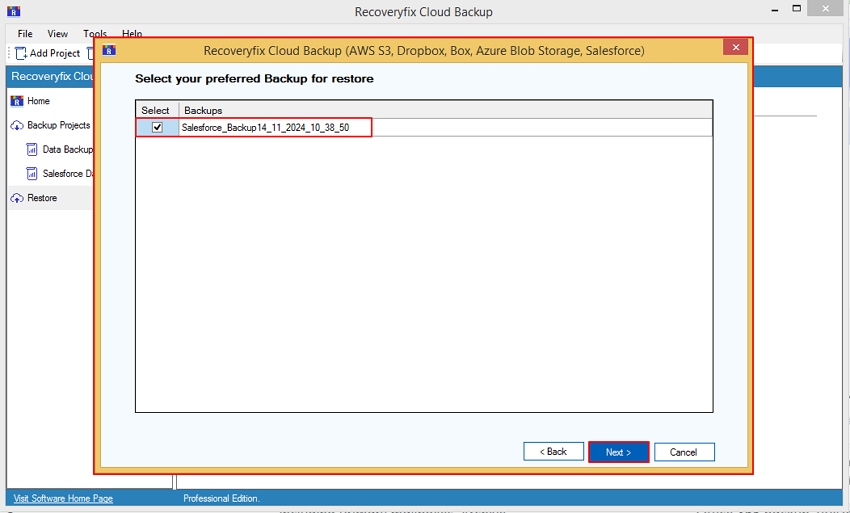 Select your preferred Backup for restore