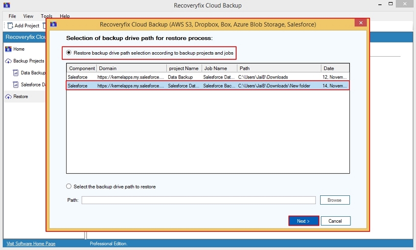 Selection of backup drive path for restore process 