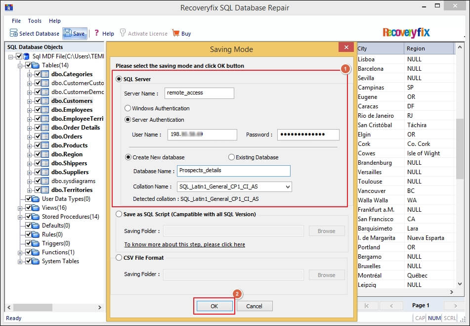 save the recovered SQL Database