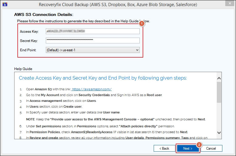 Enter AWS S3 account details