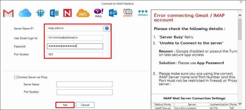 input IMAP credentials