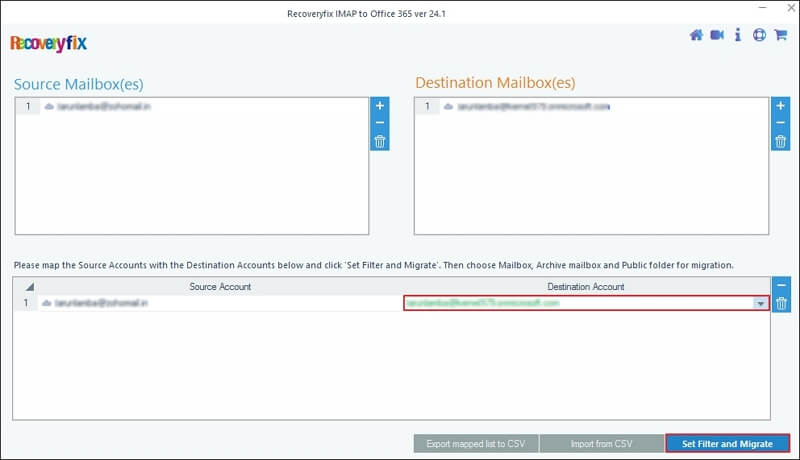 Select Destination and click on Set Filter and Migrate