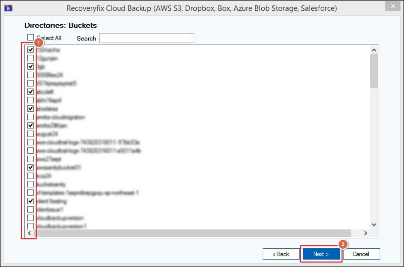 Select Amazon S3 buckets for backup