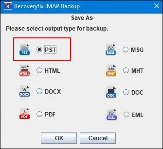 Select PST as output type