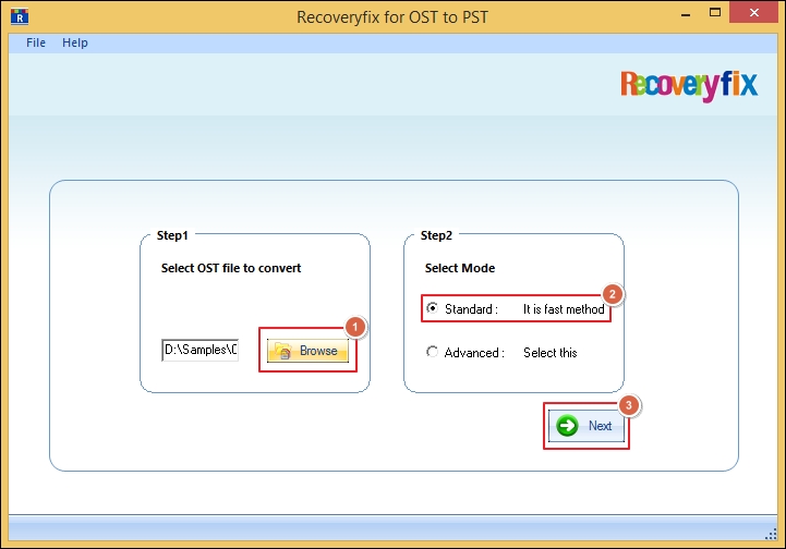 select standard mode - Recoveryfix OST to PST Converter