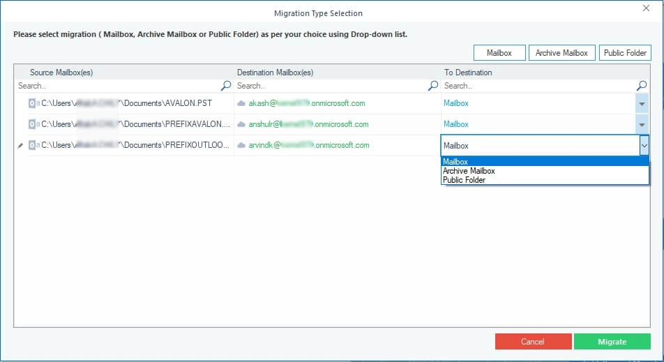 Select the appropriate type of mailbox to migrate 