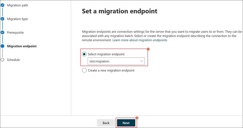 Select the migration endpoint