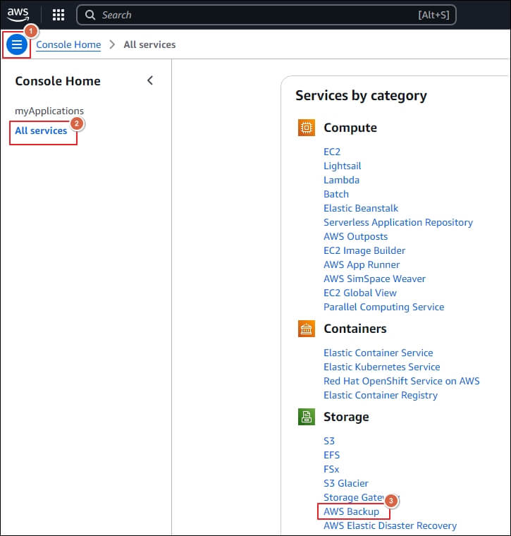 Click on AWS Backup under Storage section